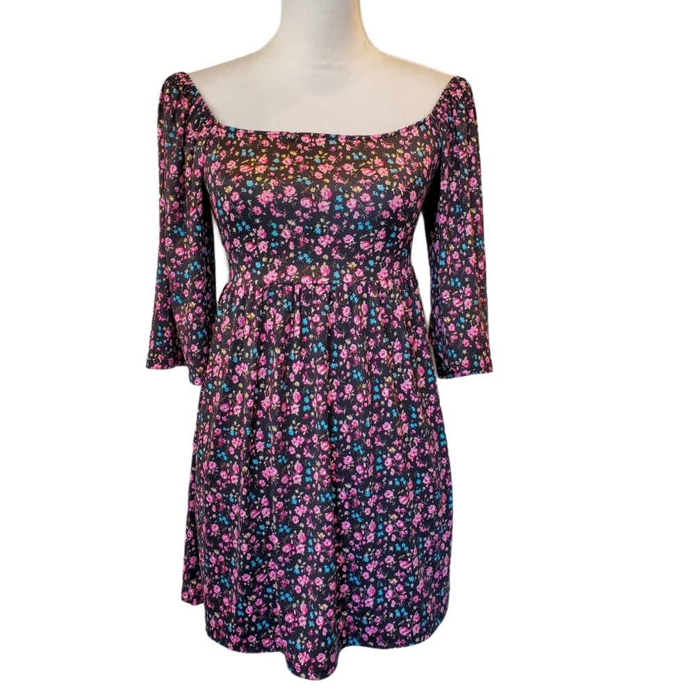2 Hearts Black & Pink Floral Off The Shoulder Peasant Dress